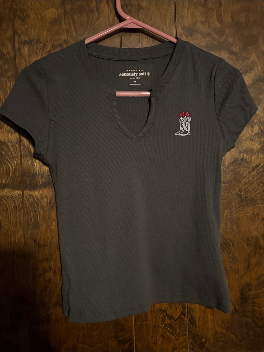 Aeropostale Black Short-Sleeve Keyhole Tee with Embroidered Boot
